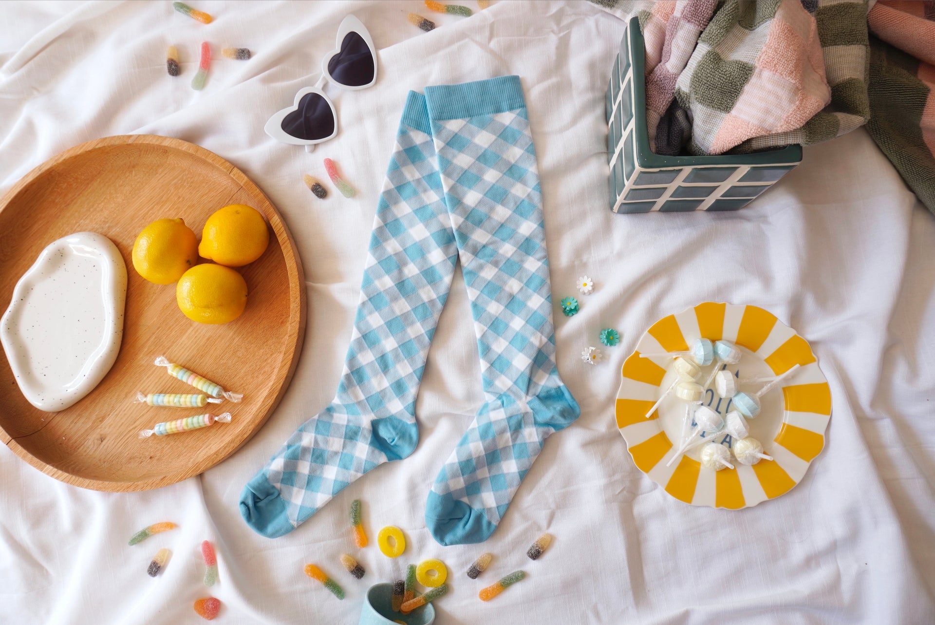 BLUE GINGHAM COMPRESSION SOCKS